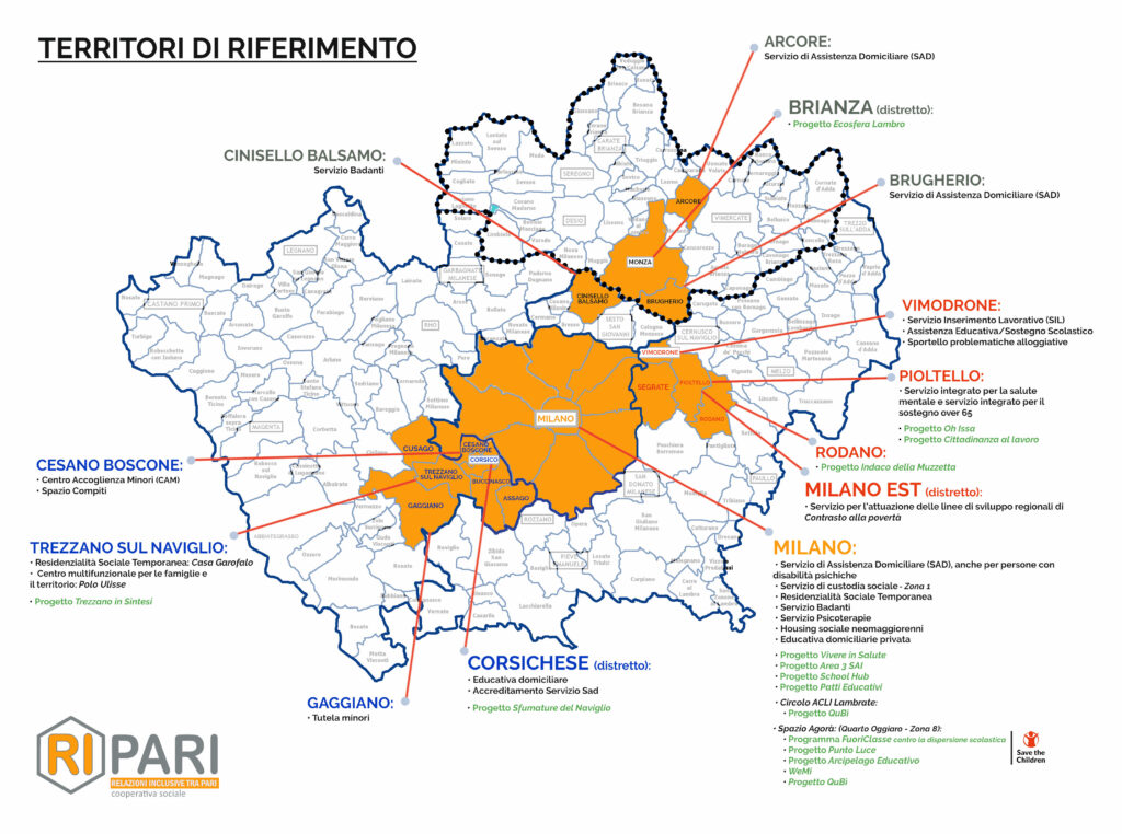 Mappa territori di riferimento di intervento di cooperativa Ripari Milano